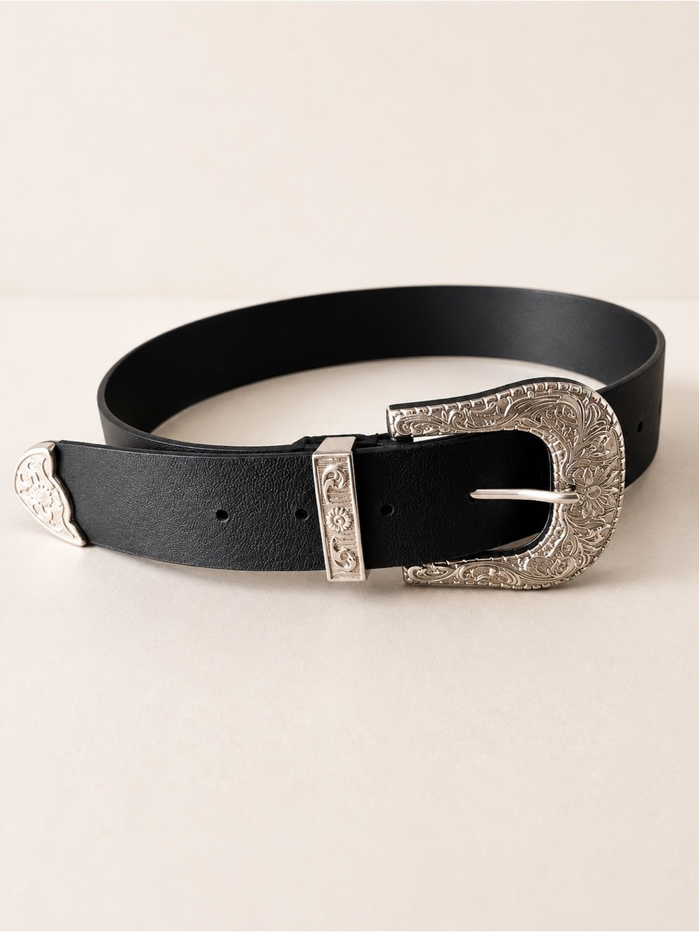ZARA Western Belt Black Faux Leather Silver Engraved Buckle Boho Cowgirl